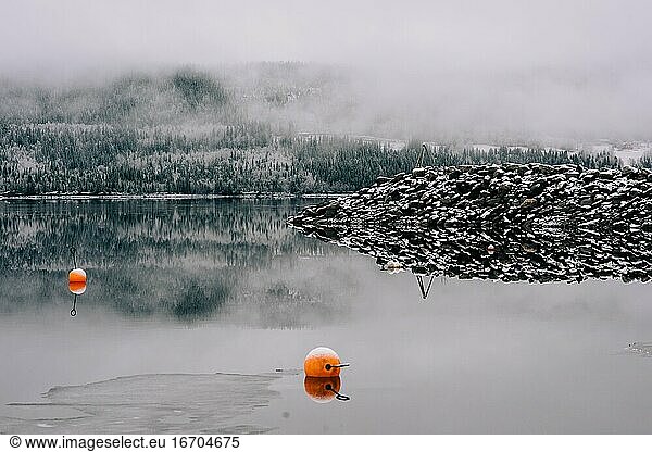 snow covered rocks  lake and forest with buoys in the water