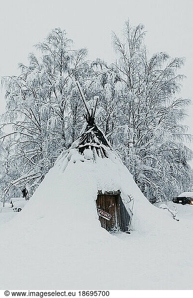 Snow-covered teepee in front of frozen trees