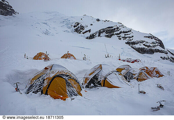 Snow Covers Climbers' Tents After a Storm on Mount Rainier  Washington