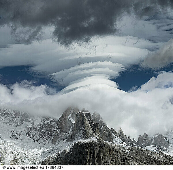 Snow gusting off of Cerro Torre  on a windy day in the backcount