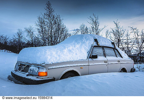 Snowed up car in winter  Kilpisjaervi  Enontekioe  Finland