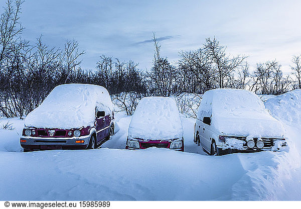 Snowed up cars in winter  Kilpisjaervi  Enontekioe  Finland