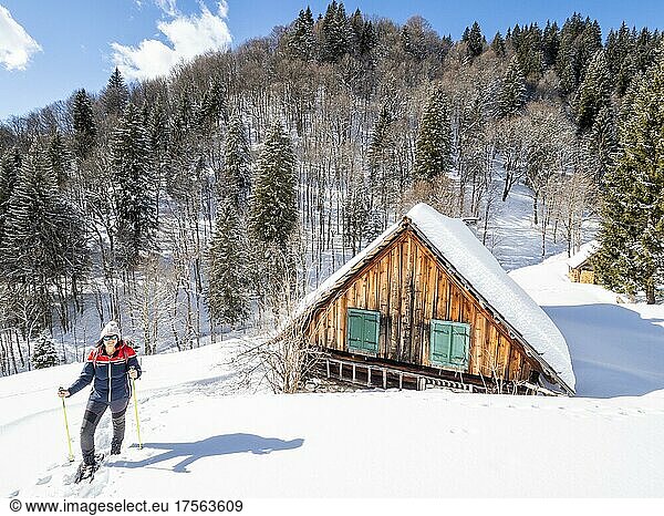 Snowshoe hiker in winter landscape  alpine hut in the snow  Kölblalm  Johnsbach  Gesäuse National Park  Styria  Austria  Europe