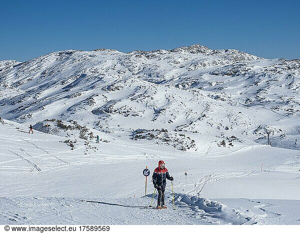 Snowshoe hiker in winter landscape  Krippenstein  Salzkammergut  Upper Austria  Austria  Europe