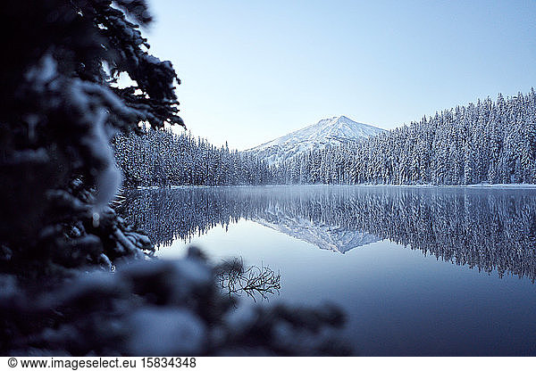 Snowy Mountain Reflecting in Lake with Trees in Foreground