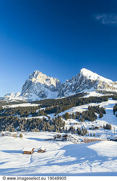 Snowy peaks of Sassopiatto and Sassolungo  Seiser Alm  Italy