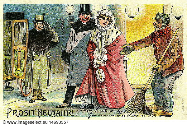society  'Prosit Neujahr!' (Happy New Year)  street sweeper wishes a happy new year to a rich couple  begging for money  New Year card  lithograph  Germany  circa 1903