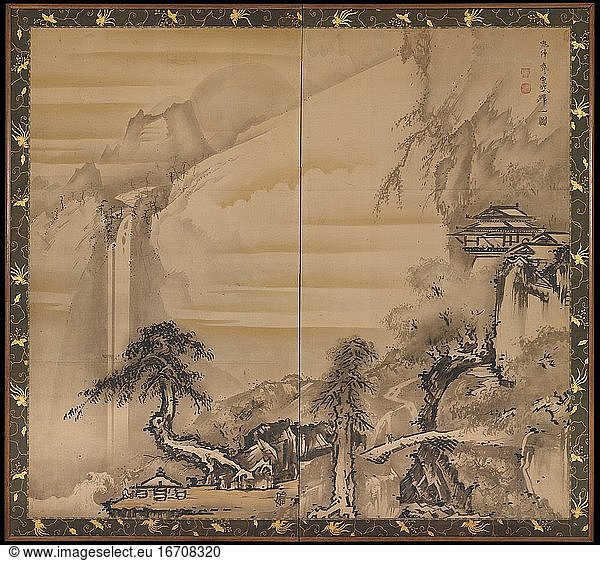 Soga Shohaku 1730–1781. Screen  ca. 1615–1868. Edo period (1615–1868).
Two-panel folding screen; ink and gold paint on paper  156.8 × 173.7 cm.
Inv. Nr. 1996.104
New York  Metropolitan Museum of Art.