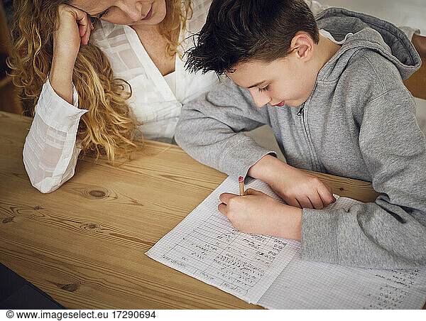 Sohn lernt mit seiner Mutter  während er zu Hause lernt