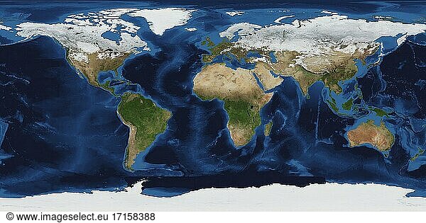 SOL SYSTEM Erde -- 2005 -- Dieses spektakuläre Bild ist das bisher detaillierteste Echtfarbenbild der gesamten Erde. Mit Hilfe einer Sammlung satellitengestützter Beobachtungen haben Wissenschaftler und Visualisierer monatelange Beobachtungen der Landoberfläche  der Ozeane  des Meereises und der Wolken zu einem nahtlosen  farbgetreuen Mosaik jedes Quadratkilometers (386 Quadratmeilen) unseres Planeten zusammengefügt -- Bild von Lightroom Photos / NASA.