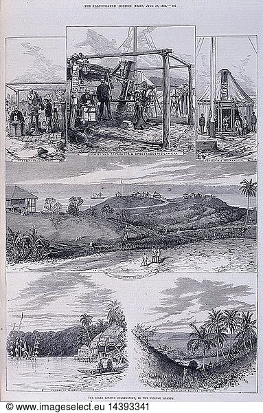 Solar Eclipse Observatory  Nicobar Islands. Showing various illustrations including "The Equatorial Camera"  "Brownings Reflector and Spectroscopic Camera" and "Sig Tacchini"s Observatory". Other geographical scenes include the village of Malakka  and views from observation stations. This plate was taken from "The Illustrated London News"  Vol. 66  1875.