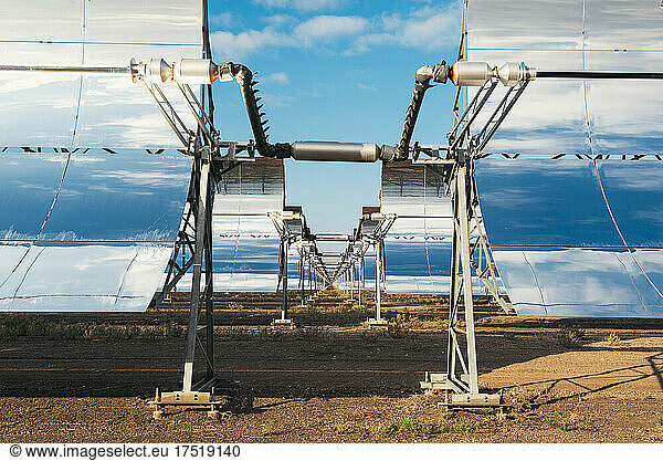 Solar thermo plant mirrors. Solar panels. Renewable energy.