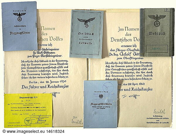 SOLDBÃœCHER UND WEHRPÃ„SSE  Dokumente des Flieger-Oberstingenieurs Adolf GÃ¶ttmann.  LW-Soldbuch  ausgestellt von der E-Stelle Rechlin 1937  Dienststelle Generalluftzeugmeister. Dazu Wehrpass  Arbeitsbuch (Junkers  RLM)  Luftfahrerschein fÃ¼r FlugzeugfÃ¼hrer  FlugzeugfÃ¼hrerschein  Flugausweis B  Urkunde zur Dienstauszeichnung 4.Klasse vom 6.8.37 mit OU Udets und zum KVK 2.Klasse vom 20.4.41  OU Kastners mit Kopierstift. Bestallung zum Flieger-Stabsing. vom 3.6.37  zum Fl-Oberstabsing. vom 28.1.39 und zum Fl-Obersting. vom 28.4.42  jeweils mit Ãœbersendungsschreiben  alle Dokumente mit Tintenunterschrift Milchs. Sowie Nachkriegspapiere. Es gab wÃ¤hrend des gesamten Krieges lediglich 100 Flieger-Oberstingenieure in der Deutschen Luftwaffe. SOLDBÃœCHER UND WEHRPÃ„SSE, Dokumente des Flieger-Oberstingenieurs Adolf GÃ¶ttmann., LW-Soldbuch, ausgestellt von der E-Stelle Rechlin 1937, Dienststelle Generalluftzeugmeister. Dazu Wehrpass, Arbeitsbuch (Junkers, RLM), Luftfahrerschein fÃ¼r FlugzeugfÃ¼hrer, FlugzeugfÃ¼hrerschein, Flugausweis B, Urkunde zur Dienstauszeichnung 4.Klasse vom 6.8.37 mit OU Udets und zum KVK 2.Klasse vom 20.4.41, OU Kastners mit Kopierstift. Bestallung zum Flieger-Stabsing. vom 3.6.37, zum Fl-Oberstabsing. vom 28.1.39 und zum Fl-Obersting. vom 28.4.42, jeweils mit Ãœbersendungsschreiben, alle Dokumente mit Tintenunterschrift Milchs. Sowie Nachkriegspapiere. Es gab wÃ¤hrend des gesamten Krieges lediglich 100 Flieger-Oberstingenieure in der Deutschen Luftwaffe.,