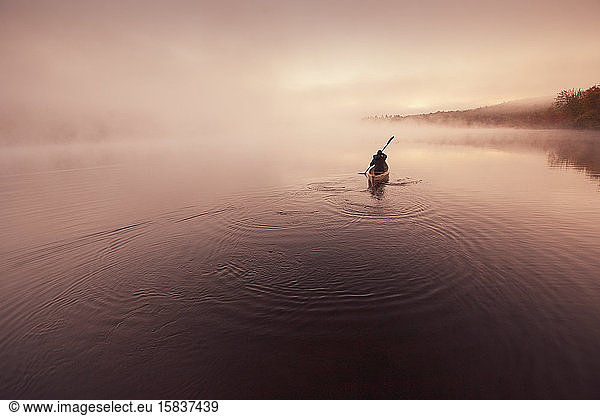 Solo paddling on a misty pond at sunrise.