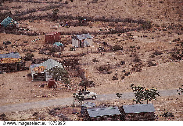 Somalia  “Operation Restore Hope   after the fall of dictator Barre in 1991  civil war breaks out in Somalia. After a decision by the United Nations Security Council  a military action (UNITAF) under the leadership of the USA (with the participation of 35 states  including the Federal Republic of Germany) with the aim of ending the civil war and the famine  restoring public order establish and install a central government. Bundeswehr vehicle on patrol. Belet Huen (Somalia)  March 1993.