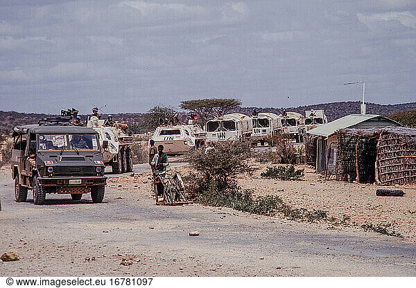 Somalia  “Operation Restore Hope   after the fall of dictator Barre in 1991  civil war breaks out in Somalia. After a decision by the United Nations Security Council  a military action (UNITAF) under the leadership of the USA (with the participation of 35 states  including the Federal Republic of Germany) with the aim of ending the civil war and the famine  restoring public order establish and install a central government. Convoy of German blue helmet soldiers from Mogadishu to the Bundeswehr camp in Belet Huen. The convoy is accompanied by international troops. Belet Huen (Somalia)  March 1993.