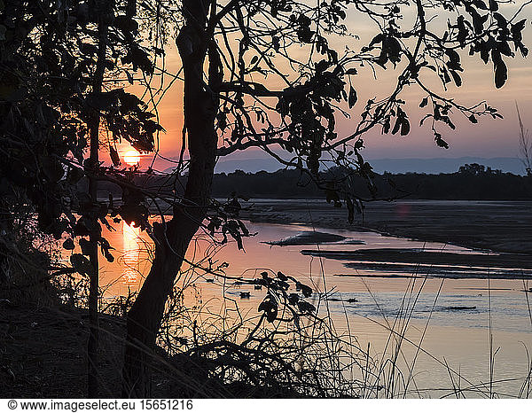 Sonnenuntergang am Luangwa-Fluss im South Luangwa National Park  Sambia