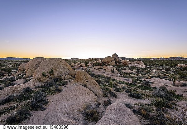 Sonnenuntergang  Landschaft mit runden Granitfelsen  Felsformationen  White Tank Campground  Joshua Tree National Park  Desert Center  Kalifornien  USA  Nordamerika