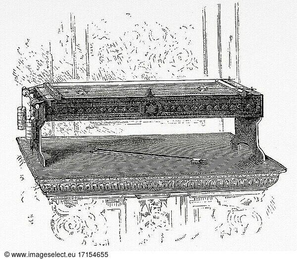 Sonometer. Schallpegelmesser aus dem 19. Jahrhundert. Erfindungen des neunzehnten Jahrhunderts. Alte Gravur aus dem 19. Jahrhundert aus El Mundo Ilustrado 1879.