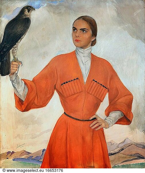 Sorin Savely Abramovich - an Elegant Lady Dressed as a Cossack and Holding a Hunting Falcon - Russian School - 19th Century.