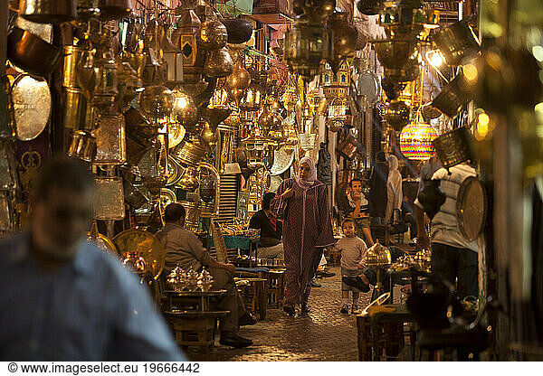 Souq at the Medina (old Town) were brass  silver handicraft is sold. Marrakesh  Morocco.