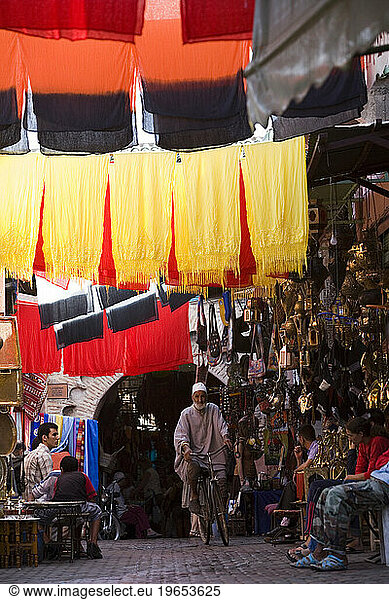 Souq de Tailleurs at the Medina (old Town) were textiles are hanged to be dried. Marrakesh  Morocco.