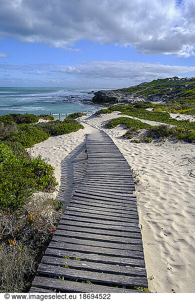 South Africa  Western Cape Province  Boardwalk stretching along sandy beach in De Hoop Nature Reserve