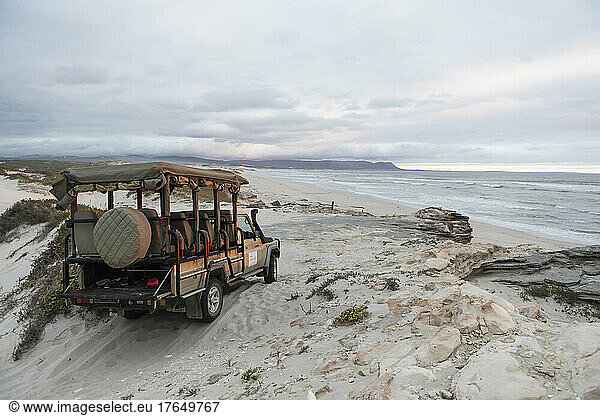 South Africa  Western Cape  Sopies Klip  Safari vehicle on beach