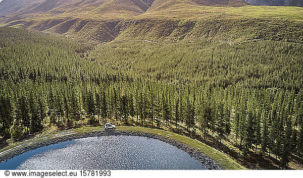 South Africa  Western Cape  Swellendam  Aerial view of 4x4 car driving along lakeshore at edge of forest