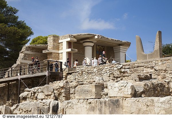 South facade and Propylaeum with Horns of consecration symbol of Minoan sacred bull  Knossos palace archaeological site  Crete island  Greece  Europe.
