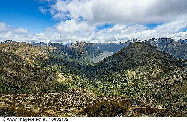 South Fiord of Lake Te Anau  Murchison Mountains  Southern Alps at back  Kepler Track  Fiordland National Park  Southland  New Zealand  Oceania