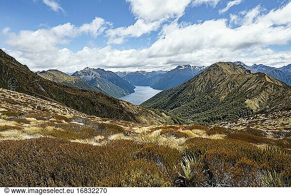South Fiord of Lake Te Anau  Murchison Mountains  Southern Alps at back  Kepler Track  Fiordland National Park  Southland  New Zealand  Oceania