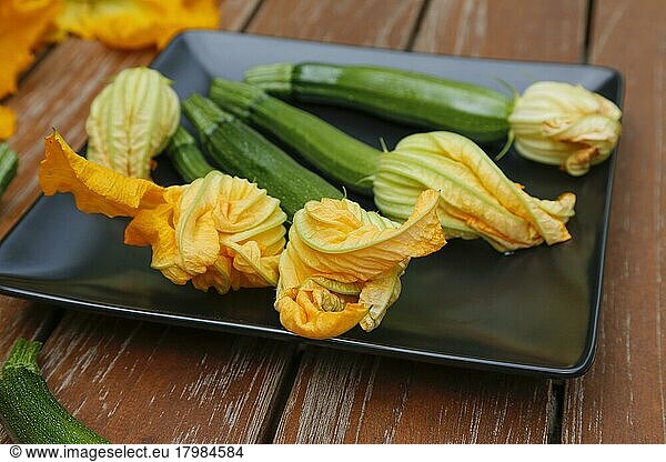Southern German cuisine  fresh courgette flowers with courgette (Cucurbita pepo var. giromontiina) on plate  vegetarian  healthy cuisine  cooking  vegetables  Germany  Europe