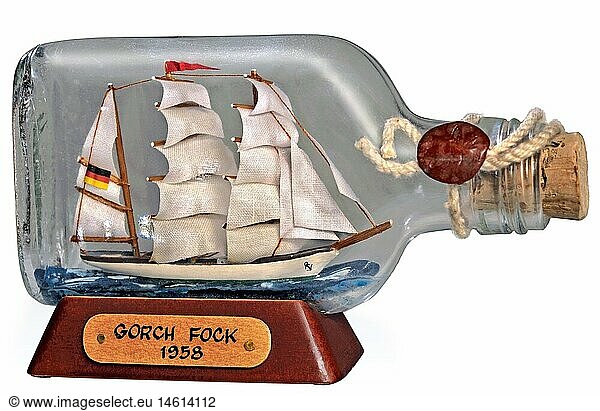 souvenir  Gorch Fock  ship in a bottle  build 1958  Germany  circa 1980  small bottle  travel souvenir  souvenir  souvenirs  souvenir of travel  bric-a-brac  sailing ship  sail  sailing ships  sails  sail training ship  German Navy  miniature  miniatures  ship in a bottle  ships in bottles  ships in a bottle  ship  ships  clipping  cut out  cut-out  cut-outs  still  1980s  80s  20th century  historic  historical  1970s