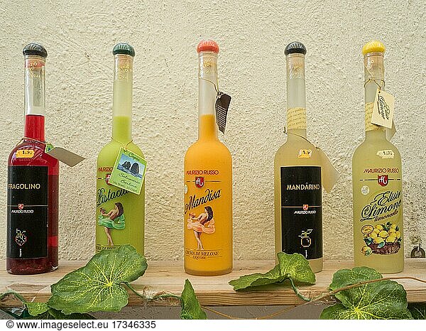 Souvenir stall with bottles of limoncello and alcoholic beverages  souvenirs  Capri  Campania  Italy  Europe
