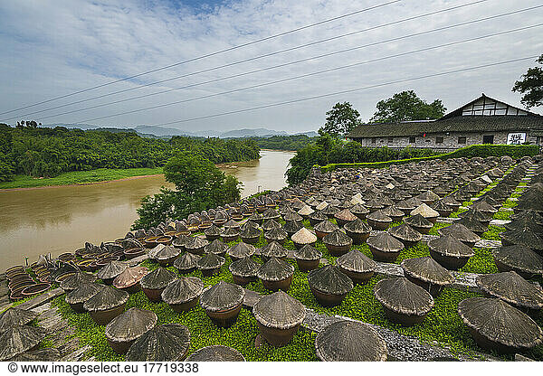 Soy sauce factory with traditional soy sauce jars along the river banks  naturally fermenting in the sun and moist air conditions ideal for producing soy sauce in Southern Sichaun; Sichuan  China