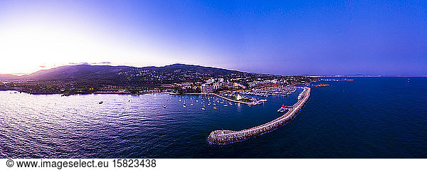 Spain,  Balearic Islands,  Mallorca,  Portals Nous,  Puerto Portals,  Aerial view of luxury marina at sunset