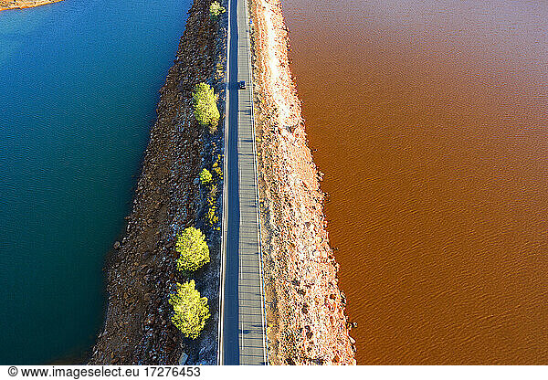 Spain  Andalusia  Huelva  Drone view Gossan Dam highway