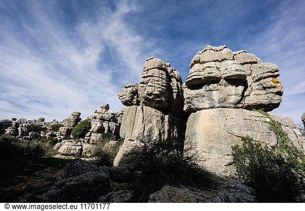 Spain  Andalusia  Malaga province  Antequera  El Torcal de Antequera  Low angle view of old rock formation