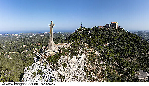 Spain  Balearic Islands  Aerial view of summit cross on Puig de Sant Salvador