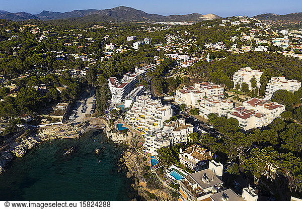 Spain  Balearic Islands  Costa de la Calma  Aerial view of coastal town in summer