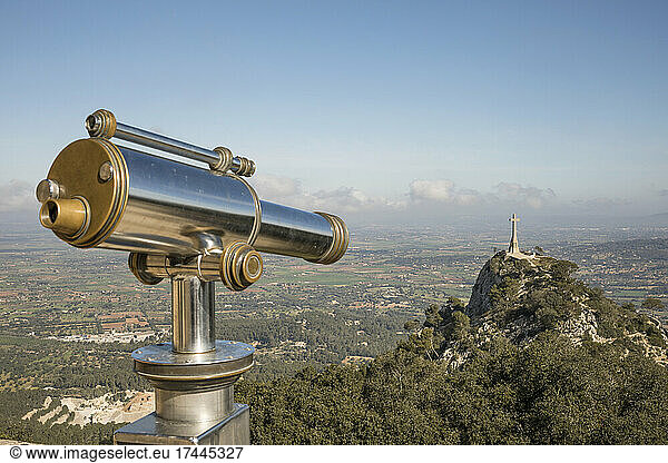 Spain  Balearic Islands  Felanitx  Telescope overlooking Creu des Picot cross
