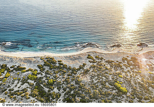 Spain  Balearic Islands  Formentera  Drone view of Mediterranean beach at sunset