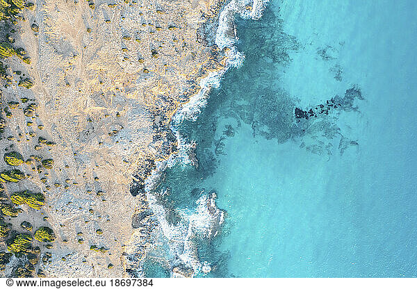 Spain  Balearic Islands  Formentera  Drone view of turquoise seashore