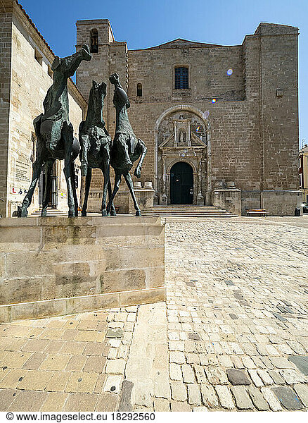 Spain  Balearic Islands  Mahon  Horse sculptures in front of Esglesia del Carme church