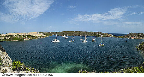 Spain  Balearic Islands  Mahon  Panoramic view of sailboats in bay