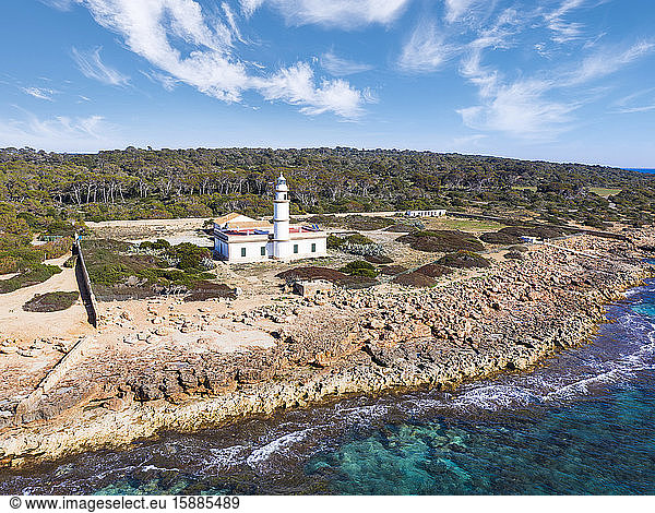 Spain  Balearic Islands  Mallorca  Aerial view of lighthouse at Cap de ses Salines