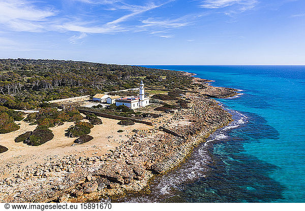 Spain  Balearic Islands  Mallorca  Aerial view of lighthouse at Cap de ses Salines