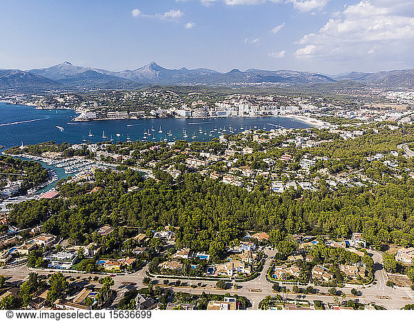Spain  Balearic Islands  Mallorca  Aerial view of Santa Ponca  Serra de Tramuntana in the background