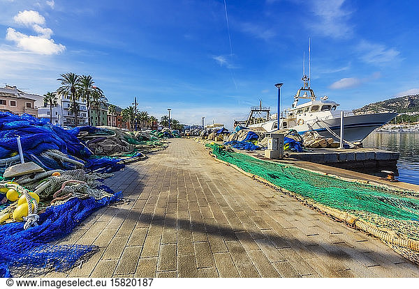 Spain  Balearic Islands  Mallorca  Andratx Region  Port d'Andratx  nets on the pier